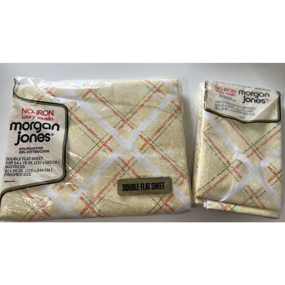 Vtg Morgan Jones Full Flat Sheet & Pillowcases Retro Tattersall Luxury Muslin - Picture 1 of 7